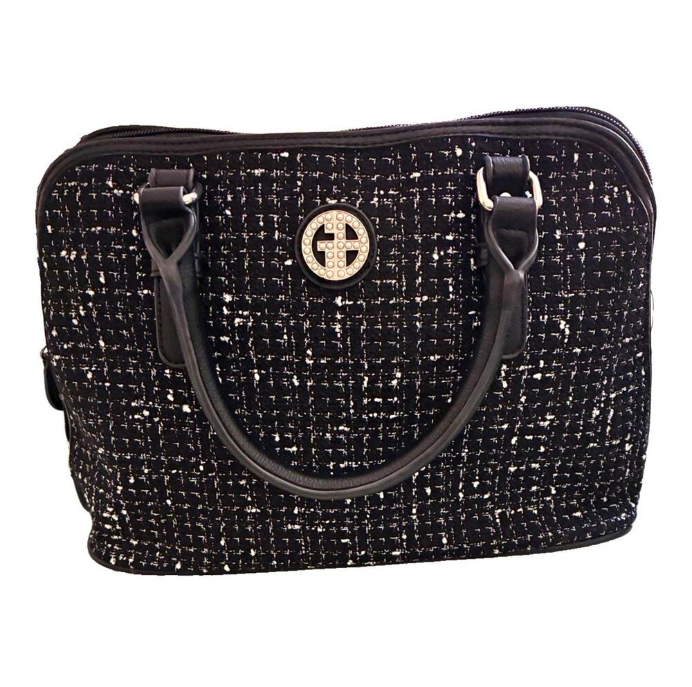 Giani Bernini Tweed Satchel Handbag Black White Rhinestone Logo Purse EUC